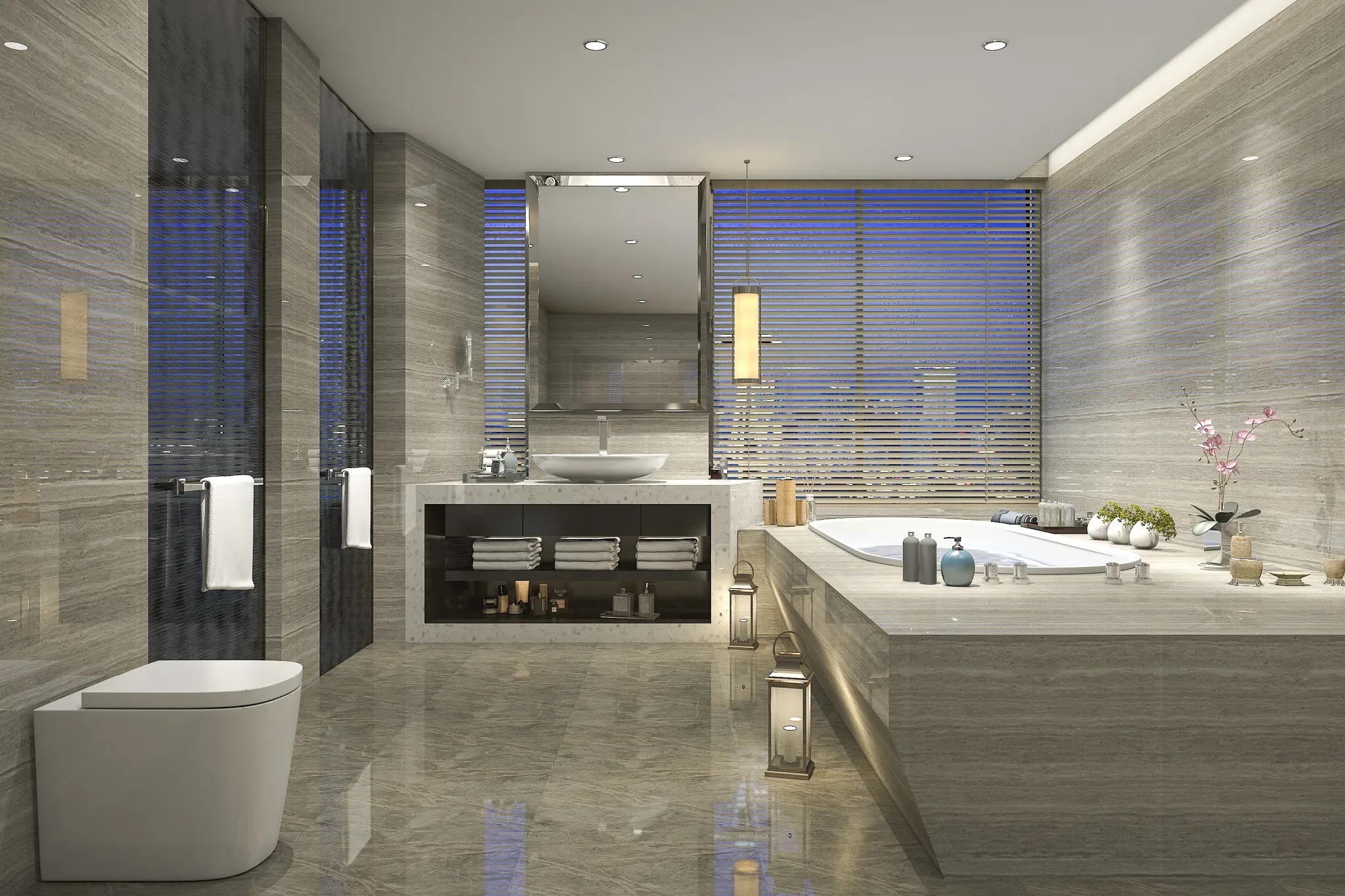 3d,Rendering,Modern,Classic,Bathroom,With,Luxury,Tile,Decor,With A bathroom with a bathtub and a sink.